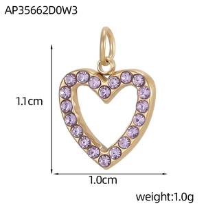 Detailed size view of a 1.1cm gold heart pendant with purple zircon and dimensions