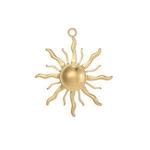 Detailed view of a golden sunburst pendant with a polished dome and 16 wavy rays