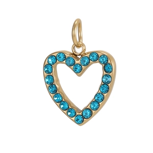 Minimalist gold heart pendant featuring sparkling sky blue rhinestones on a white background