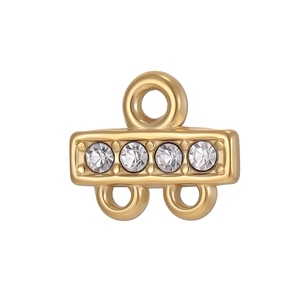 Gold stainless steel heart connector with four round clear cubic zirconia gems
