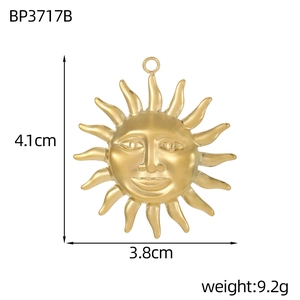 Macro view of gold vintage sun face relief pendant with rays and scale measurements