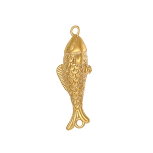 Detailed macro view of golden fish pendant with intricate scales and two hanging loops