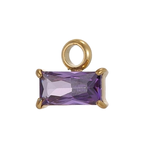 Macro shot of a purple rectangular gemstone set in a gold four-prong pendant charm