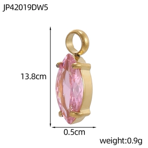Detail view of a pink marquise cut zircon pendant with gold finish dimensions and weight