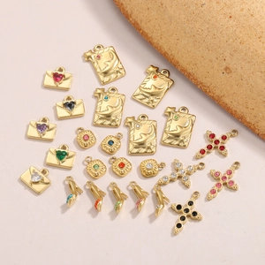 Golden stainless steel envelope and cross pendants with colorful cubic zirconia stones