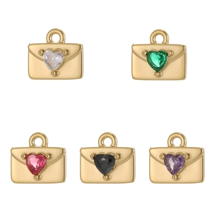 Set of five gold stainless steel envelope pendants with multicolored heart-shaped stones