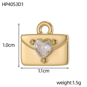 Detail of gold envelope pendant with heart crystal, 1.1x1.0cm stainless steel charm