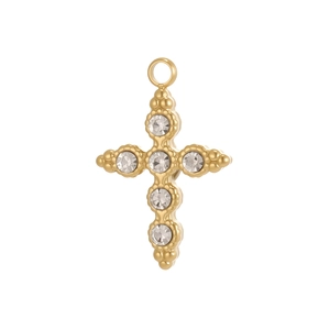 Polished 18k gold plated stainless steel cross pendant with round zircon inlay