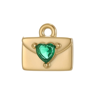 Gold envelope pendant with heart-shaped green gemstone and beaded edge details