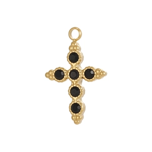 Detail view of a gold stainless steel cross pendant with inset black round gemstones