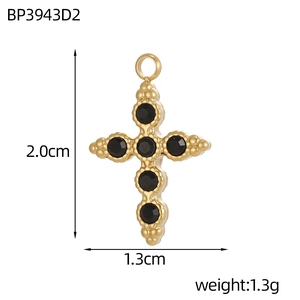 18K gold plated stainless steel cross pendant with black zircon stones, 2.0cm x 1.3cm