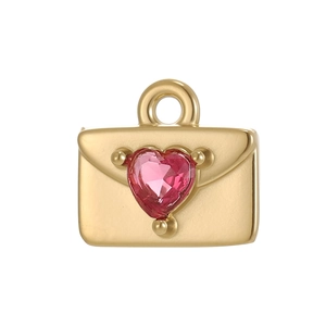 Golden envelope pendant with pink heart gemstone and polished metal finish for jewelry DIY
