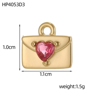 Detailed view of a gold-plated envelope pendant with a pink heart stone, size 1.1x1.0cm