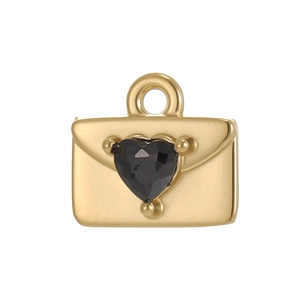 Detailed view of a golden envelope pendant featuring a black heart gemstone and top ring