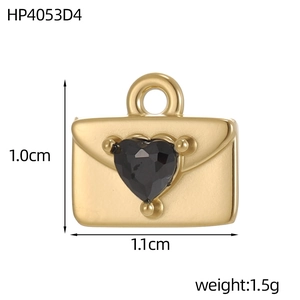 Golden envelope heart pendant with black stone, 1.0cm x 1.1cm minimalist stainless steel charm