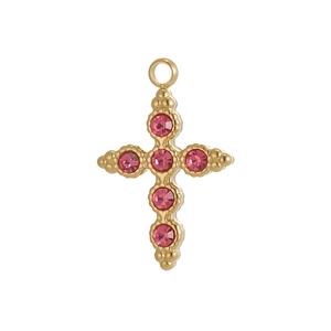 Detailed view of a golden cross pendant with six inlaid pink stones on white background