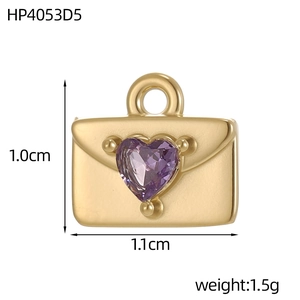 Detail view of 1.0cm gold envelope cross pendant with purple heart crystal and dimensions