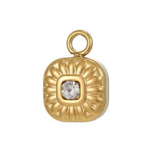 18K gold plated stainless steel square pendant with radial texture and center crystal