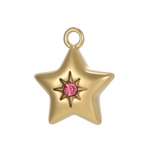Detailed view of a gold star pendant featuring a centered pink cubic zirconia stone