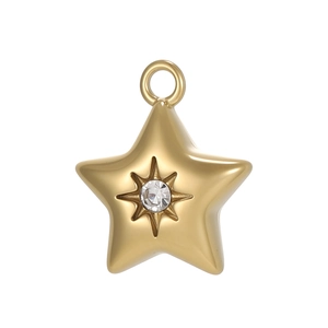 Macro view of gold star pendant with center zircon and radiant sunburst engraving
