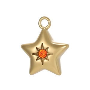 Golden stainless steel star pendant with central orange stone and engraved starburst