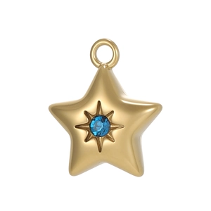 Detailed view of a gold star pendant featuring a center blue gemstone and starburst engraving