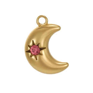 Pendentif croissant de lune doré avec cristal rose et gravure d'étoile radieuse