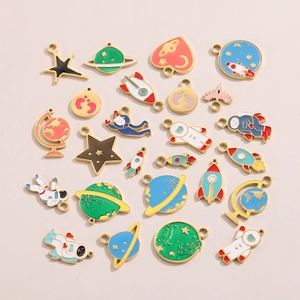 Space theme enamel charms set with astronauts rockets and colorful planets for DIY jewelry