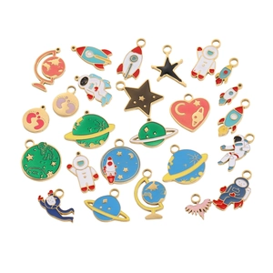 Space themed enamel charms set with astronaut rocket and planet for DIY jewelry making