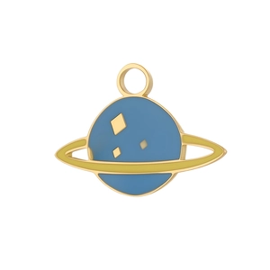 Detailed macro of gold Saturn pendant charm with blue and yellow enamel finish