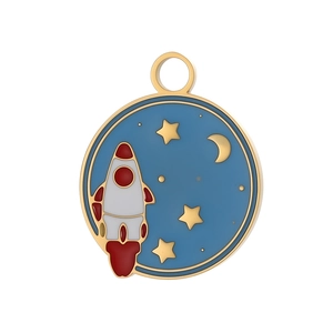 Detail of round stainless steel space charm with blue enamel rocket and star design