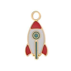 Detailed view of a cartoon rocket charm with colorful enamel inlay and golden metal base