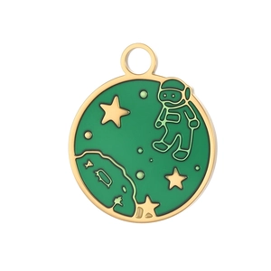 Detailed close-up of green enamel space-themed astronaut pendant with gold plating