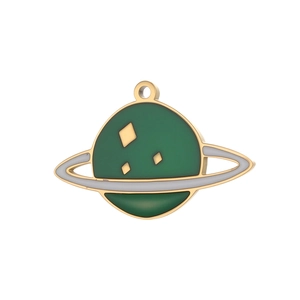 Detail of green enamel Saturn planet charm with gold stars and ring for DIY jewelry