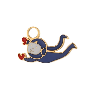 Gold astronaut pendant with blue and red enamel holding hearts for DIY jewelry