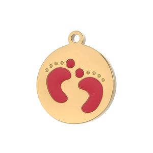 Detailed view of a gold-plated round pendant with red enamel baby footprints design