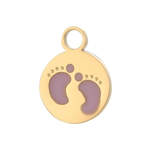 Detailed view of round gold metal charm with lavender purple baby footprint enamel inlay