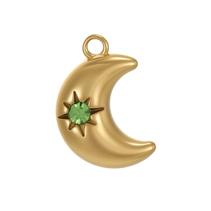 Pendentif lune doré poli avec pierre précieuse verte en serti étoile pour bijoux