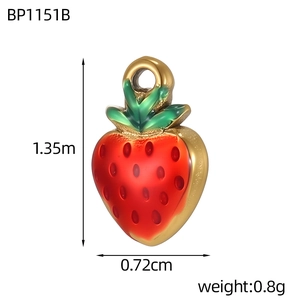 Detail of red strawberry charm with dimensions 1.35cm by 0.72cm and 0.8g weight