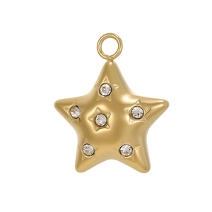 Pendentif étoile à cinq branches dorée en acier inoxydable avec strass blancs brillants