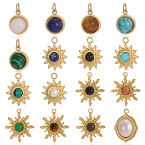 Set of 16 gold stainless steel sunflower charms with natural stone inlays for DIY jewelry
