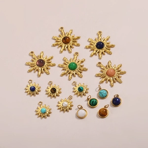 Stainless Steel Sunflower Natural Stone Pendant Gold Sunburst Lapis Lazuli Turquoise Charm DIY Earring Bracelet Jewelry Accessory