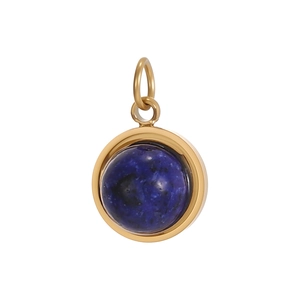 Macro detail of sunburst lapis lazuli pendant with gold plated stainless steel setting