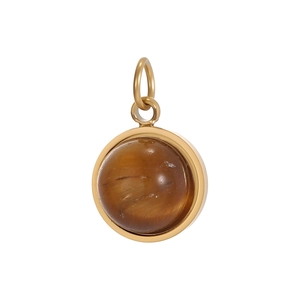 Detailed macro view of a round tiger eye stone pendant with a polished gold metal frame