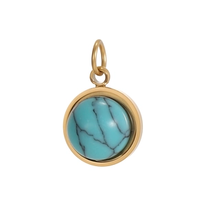 Detailed view of a gold stainless steel sunflower pendant featuring inlaid turquoise stone