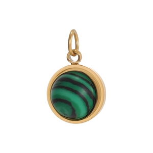 Detailed close-up of a round gold stainless steel pendant with green malachite stone inlay