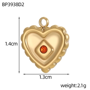 Polierter Edelstahl Herzanhänger in Gold mit orangefarbenem Edelstein, Maße 1.4cm x 1.3cm