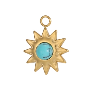 Detailed view of sunburst charm with turquoise stone inlay for DIY jewelry making