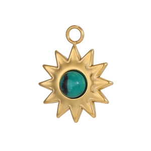 Bohemian gold stainless steel sunflower pendant with green natural stone inlay