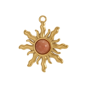 Detail of sunflower pendant with inlaid natural sunstone in gold stainless steel